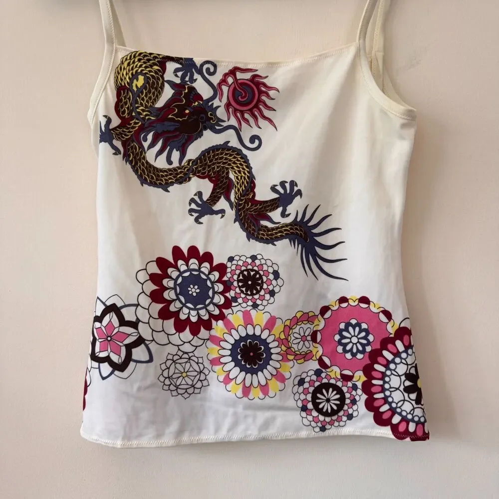 Occhi Verdi by La Perla Women's White Dragon Floral Print Swim Tank Top Size 46 - Picture 2 of 6